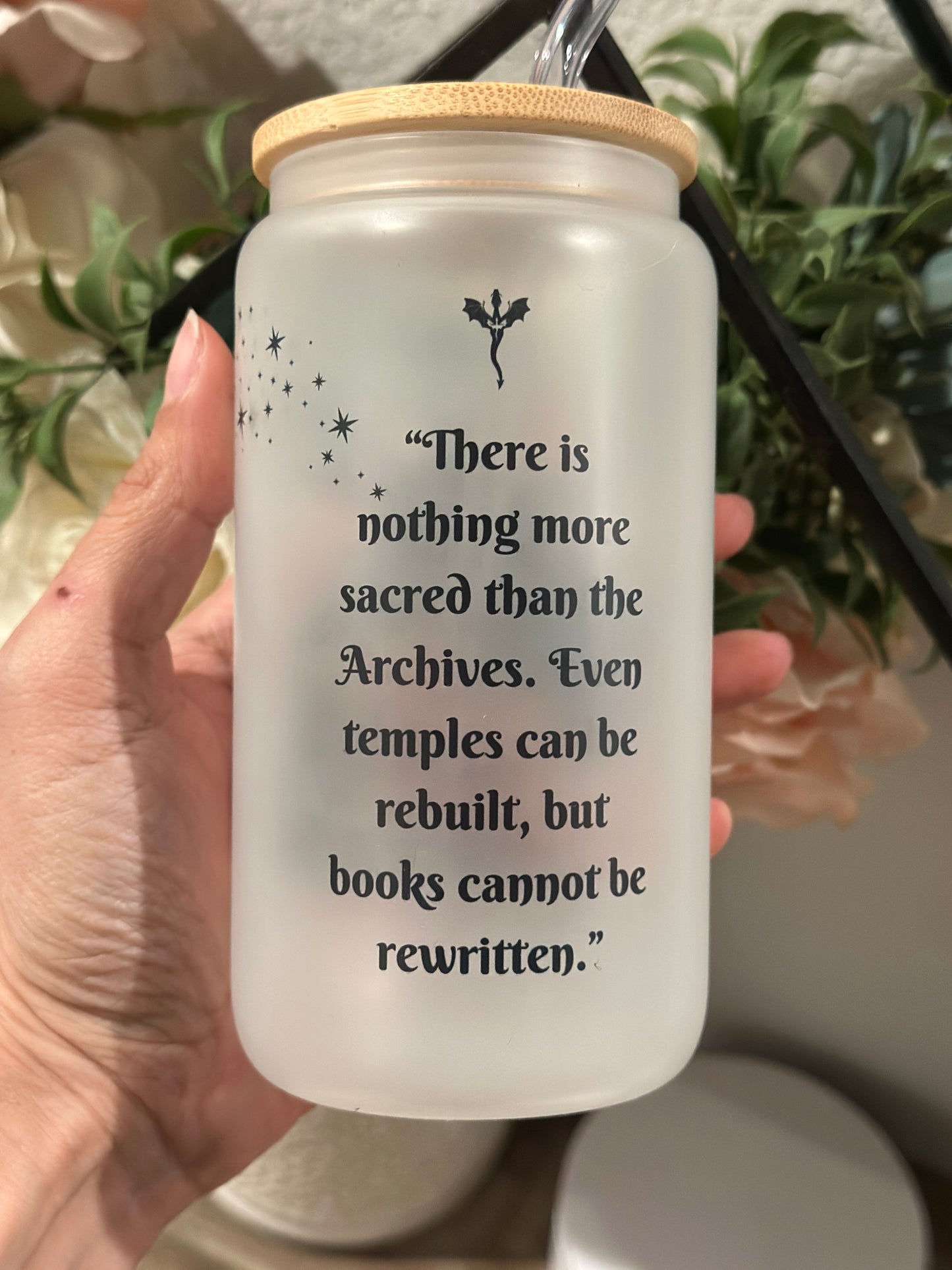 Sublimated Glass Cup - Snuggled atop my favorite tales